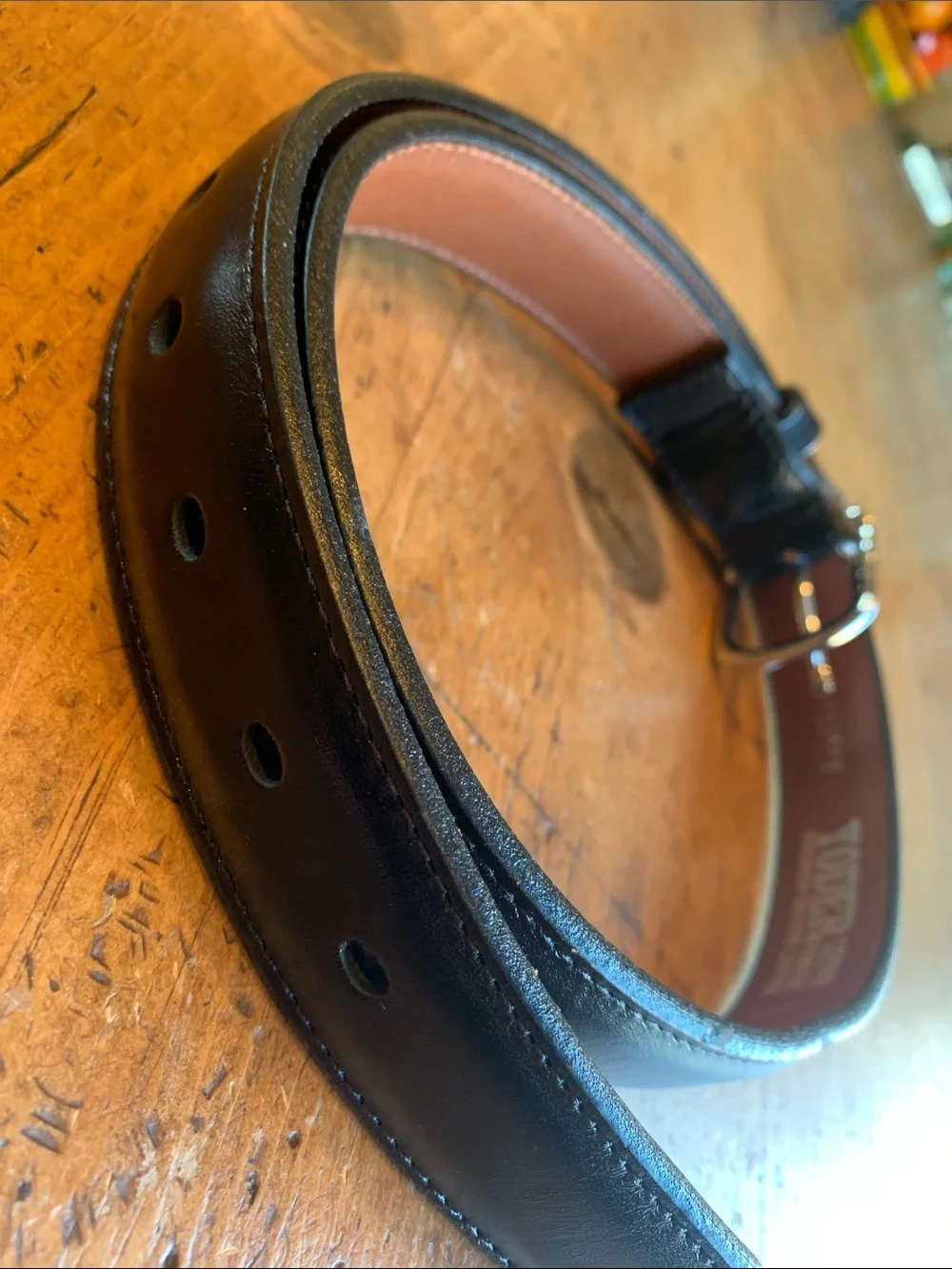 Men's Black Leather Belt with Polished Silver Buckle